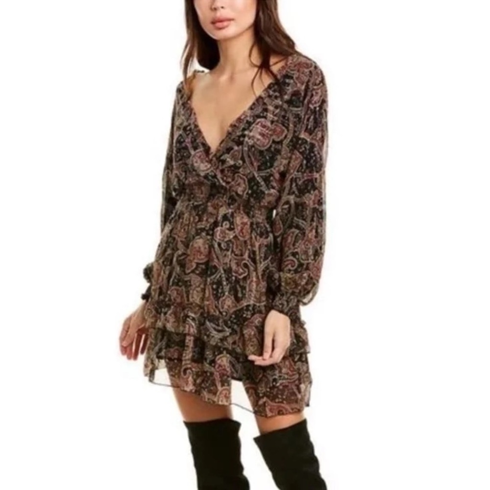 NWT The Kooples Black Metallic Paisley V-Neck Ruffled Long Sleeve Dress